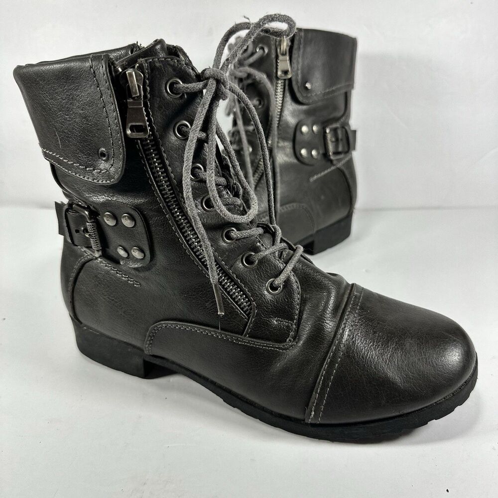 Global Win Women’s Combat Boots Gray Lace Up Side Zip Buckle Detail Size 8.5